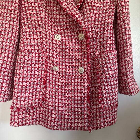 Zara Womens Tailored Double Breasted Red White Tweed Blazer Jacket Size Small - Picture 4 of 11